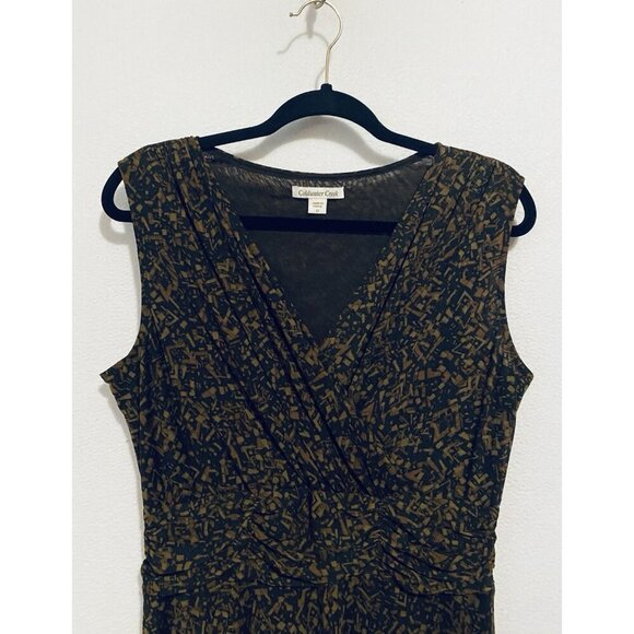 Coldwater Creek Dress Womens 12 Brown Geo Print Sleeveless Mesh Pleated Y2K - Picture 2 of 8